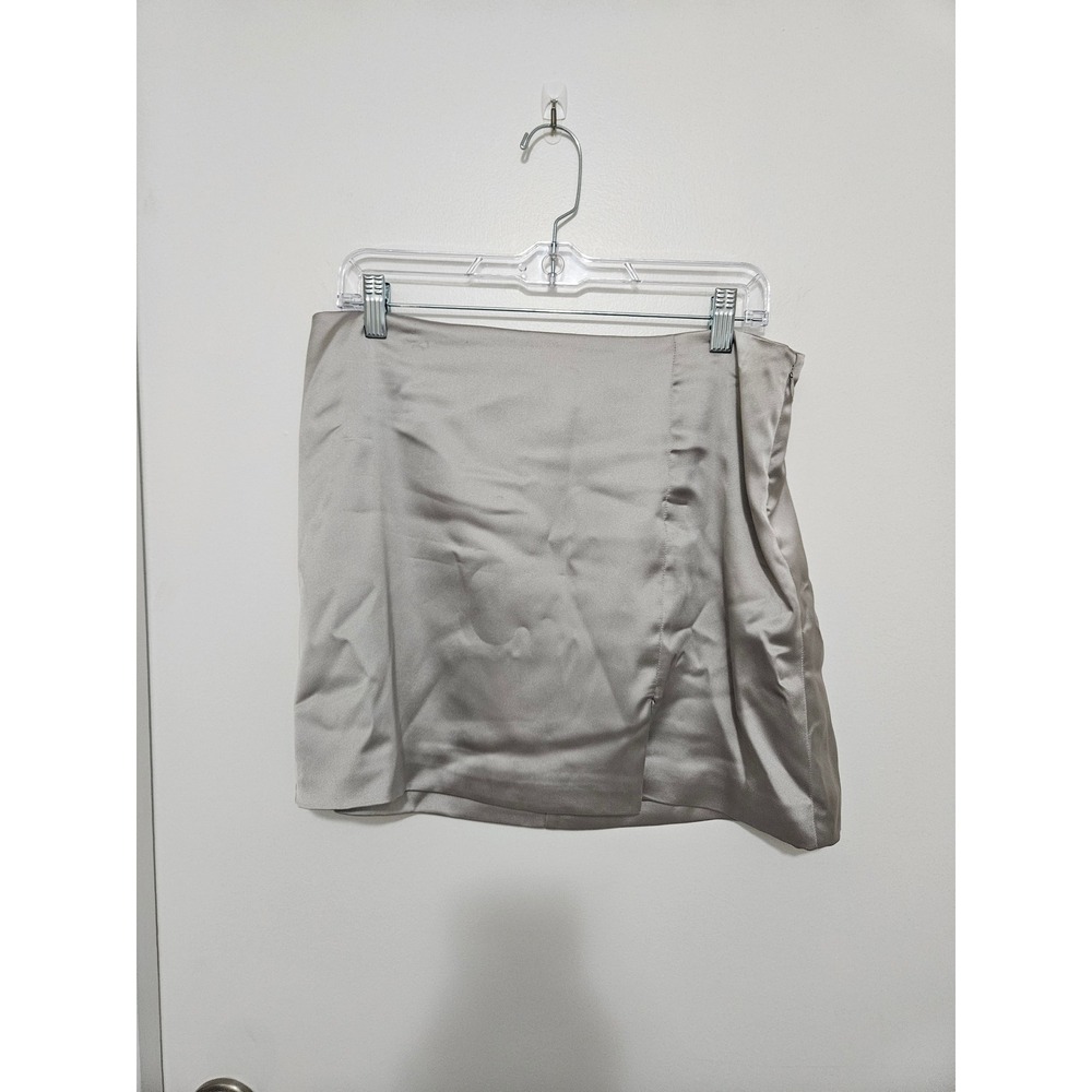 Wild Fable Silver Satin Mini Skirt Side Zip Wrap Front Size Medium NWT